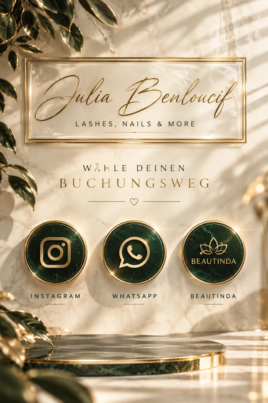 Julia Benloucif – Lashes, Nails & More. Wähle deinen Buchungsweg: Instagram, WhatsApp oder Beautinda.